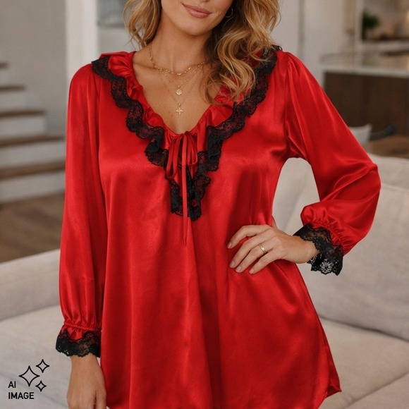 Vintage Other - VTG 80s Red Satin Nightgown Womens L Black Lace Trim Long Sleeve Sabrina Mervyns